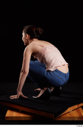 Whole Body Woman White Jeans Average Kneeling Top Studio photo references